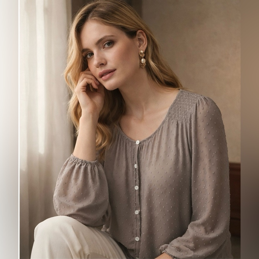 🌼 The Limited Sheer Popcorn Textured Grey Blouse
